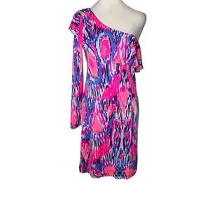 Lilly Pulitzer Pink & Blue Small 100% Silk One-Shoulder Sleeve Mini Dress Resort